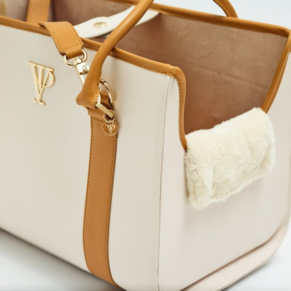 Ivory and Gold Leather Luxury Dog Carrier, Dog Bag, Dog tote for small dogs - Picture 6 of 9